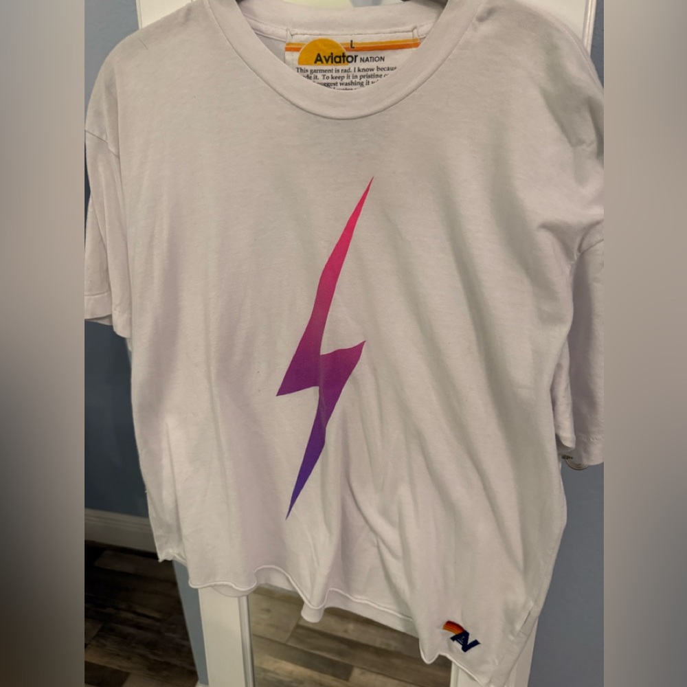 Aviator Nation White T-Shirt with Pink and Purple Lightning Bolt